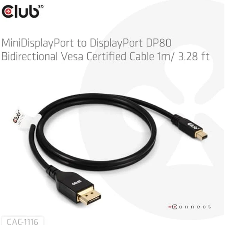 Club3D CAC-1116 MiniDisplayPort to DisplayPort DP80 Bidirectional Vesa Certified Cable 1m/ 3.28 ft, DisplayPort-Kabel mit UHBR10/13.5/20 bis zu 80 Gbps, Unterstützung für 4K240Hz/8K60Hz/10K60Hz – Bild 2