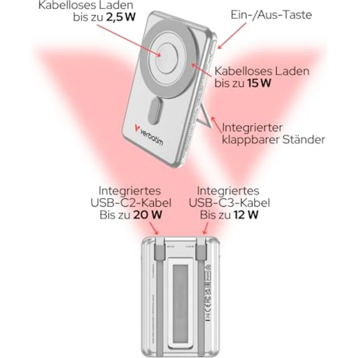 Verbatim Charge 'n' Go 2C, Powerbank mit 5000mAh, kabelloses Laden, 20W, Silber – Bild 4