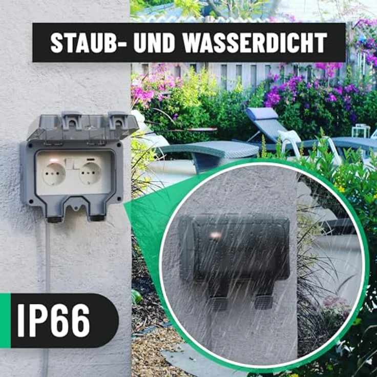 greate abschließbare Außensteckdose wasserdicht Garten mit Schalter - 2fach Aussensteckdose wasserdicht IP66, schaltbare Aussensteckdose, wasserdichte Steckdose, Outdoor Steckdose wasserdicht außen - greate Gartensteckdose IP66, staubdicht, abschließbar, 2 Schalter – Bild 2
