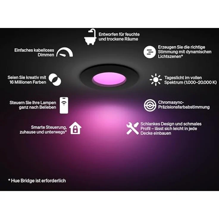 Philips Hue LED-Einbauleuchte Slim White & Color Ambiance Ø 9 cm, Schwarz, smarte Deckenbeleuchtung mit wasserresistentem Design und ultra-tiefer Dimmfunktion – Bild 2