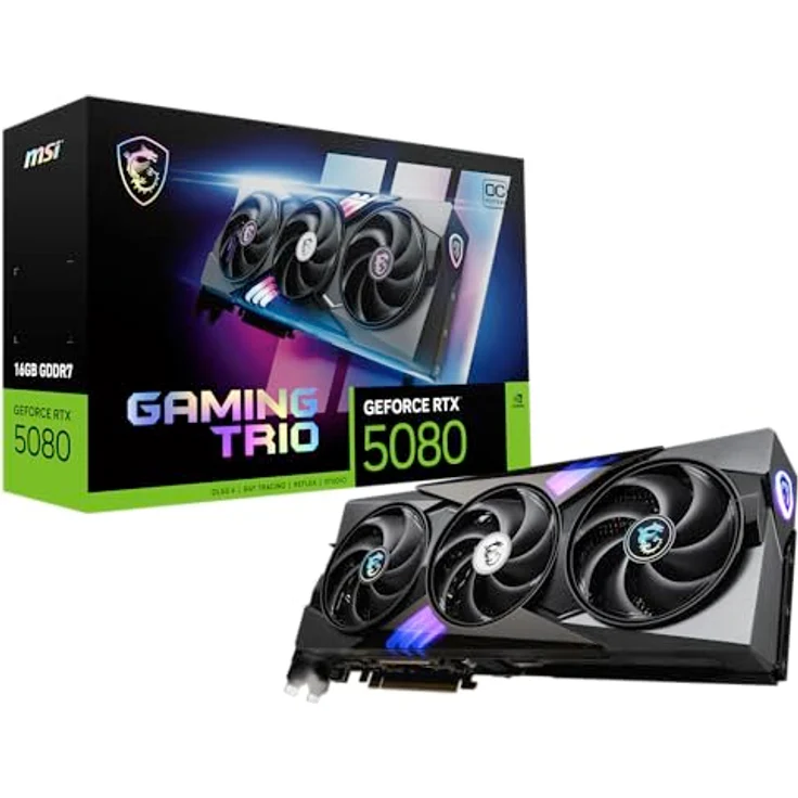MSI GeForce RTX 5080 16G Gaming Trio OC Grafikkarte 16GB GDDR7 (30Gbps/256-bit), PCIe 5X 16, Boost: 2745 MHz, HDMI 2.1b, DisplayPort 2.1b – Bild 1