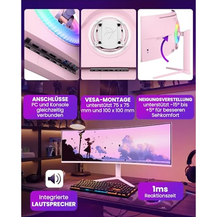 Arozzi Nova 49“ Curved Gaming Monitor, VA 165Hz Ultrawide QHD 1440p, HDR10, flimmerfrei, 100% sRGB, rosa – Bild 3