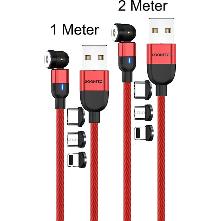 SOONTEC Magnet Ladekabel 2er Set, drehbar 360° & 180°, Micro USB/USB-C/Lightning, 2,4 A, 2m + 1m, rot