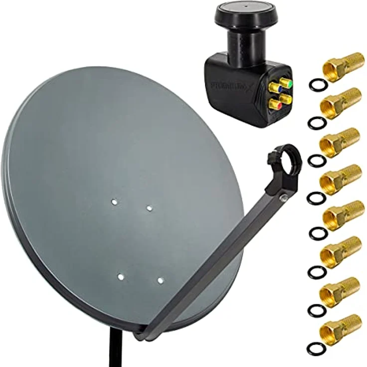 PremiumX Satelliten-Komplettanlage PXS60, 60 cm Anthrazit Satellitenschüssel mit Quad LNB für 4 Teilnehmer, 8 F-Stecker, 4K UHD und wetterfest – Bild 1