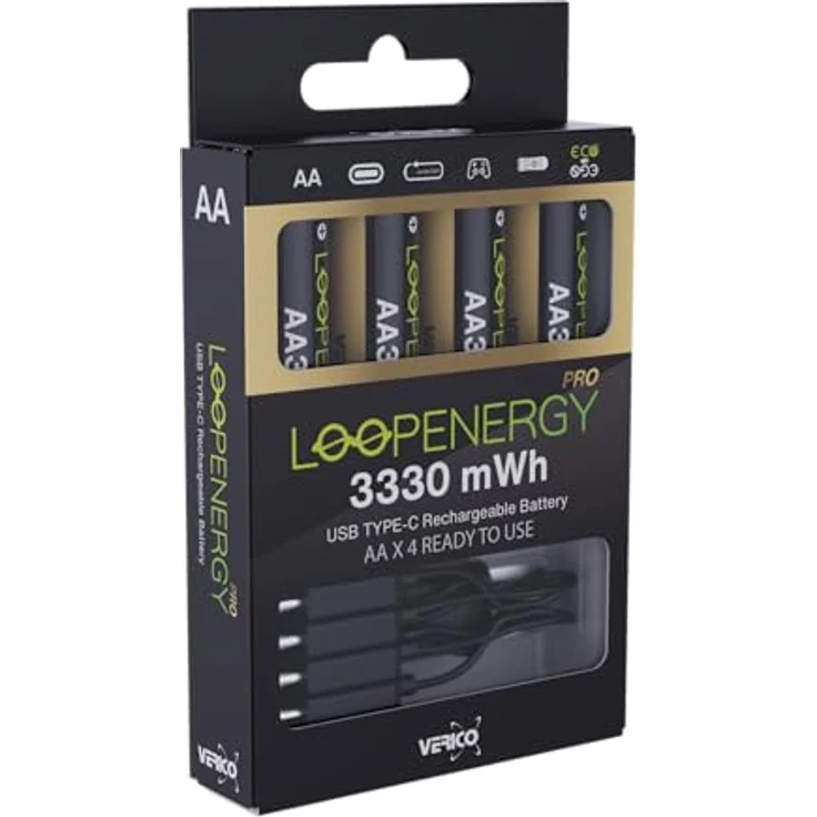 VERICO LoopEnergy Pro AA 3330 Wiederaufladbare USB-C Batterie 4er Pack, Schnellladung in 2 Stunden, Li-Ion Akku, 1,5V 3330mWh (2220mAh), inkl. USB-C Kabel - VERICO – Bild 1
