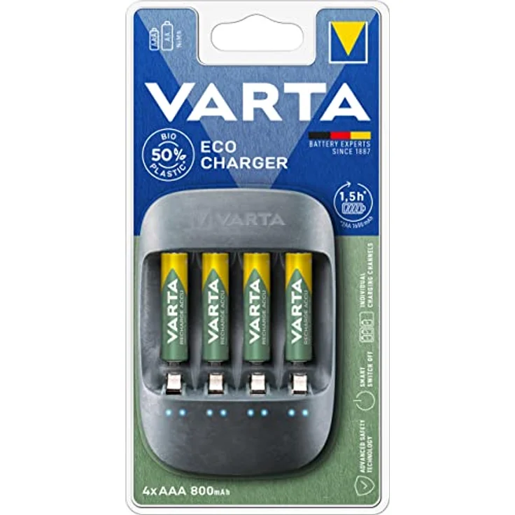 Varta Eco Charger (geeignet für 4 AA-AAA Akkus, Gehäuse aus 50% Bioplastik mit Einzelschacht- und Erhaltungsladung, inkl. 4x AAA 800 mAh Recharge Accu Recycled, Verpackung aus 90% recyceltem Material) – Bild 2
