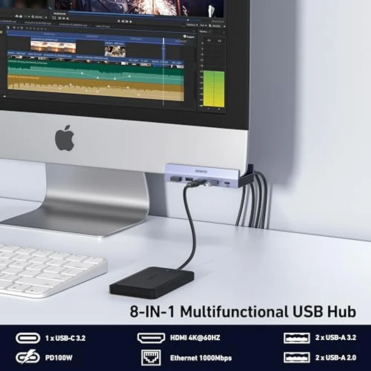BENFEI 8-in-1 USB C Hub mit sicherer Klemmfunktion, 4K@60Hz HDMI, Gigabit Ethernet, 100W PD, 10Gbps USB-C/USB-A 3.2, kompatibel mit MacBook, iPad Pro, iMac, S23, XPS17 – Bild 2