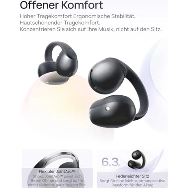 SHOKZ OpenDots Air Open-Ear-Kopfhörer, ultraleicht 6,3 g, mit Clip-on, Deep Bass, 36 Std. Wiedergabezeit, Bluetooth 6.1, IP55, Schwarz – Bild 3