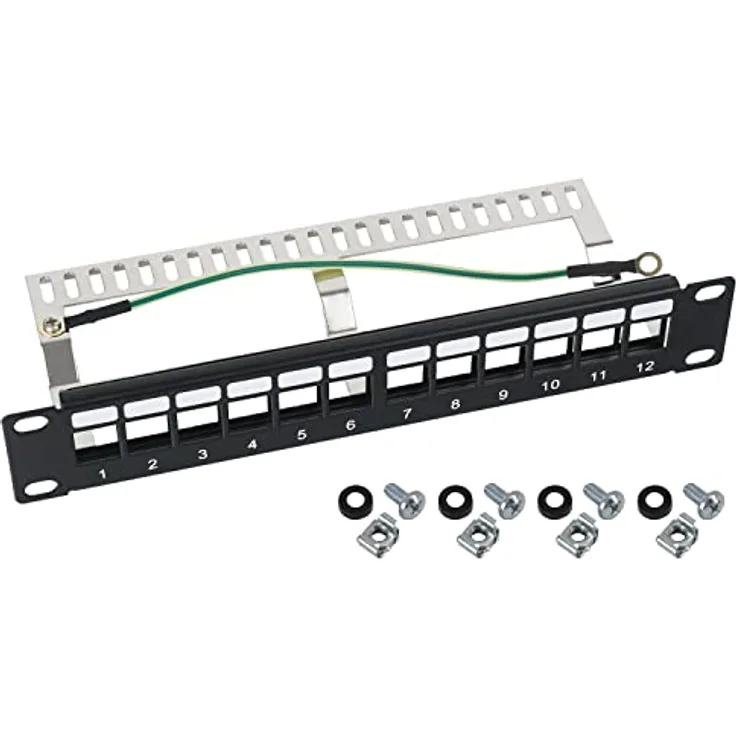 HMF 63346-02 STP Keystone-Patchpanel, 10 Zoll, 1 HE, 12 geschirmte RJ45 Ports, Schwarz