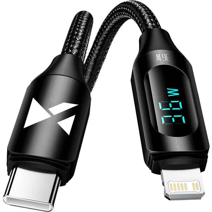 Wozinsky WUCLC2-Kabel, USB-C auf Lightning mit LED-Anzeige, 36 W, 2 m, schwarz, für schnelles Laden und Datenübertragung