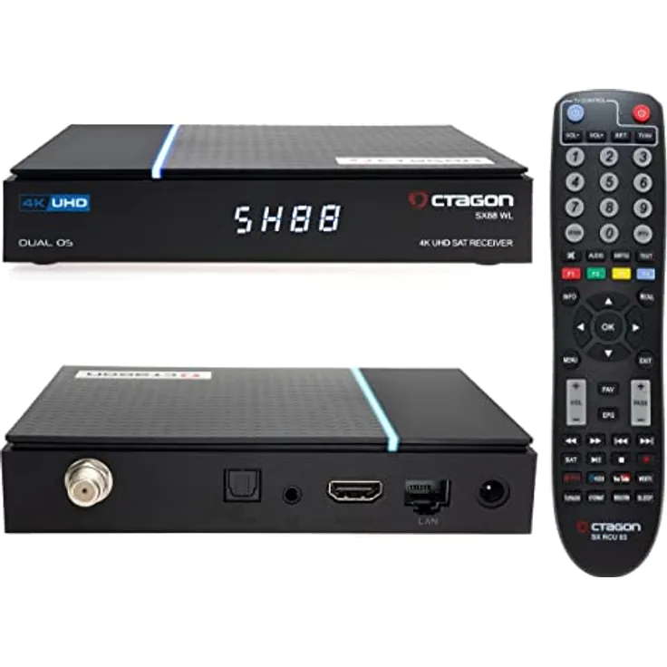 OCTAGON SX88 WL V2 (Version 2) 4K UHD S2+IP 1xDVB-S2 E2 Linux Smart TV Sat Receiver, Multiboot SW: Define OS + E2 Linux, WiFi WLAN, Sat to IP, Kartenleser, YouTube, Mediathek, Web-Radio, HD HDMI