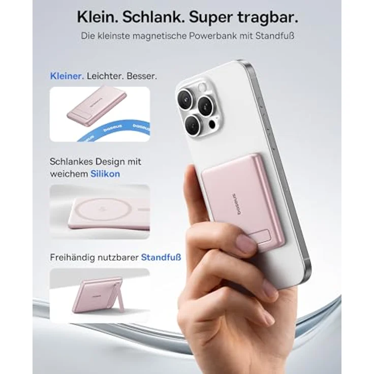 Baseus Mini MagSafe Powerbank 5000mAh, Qi2-zertifiziert mit Klappbarem Ständer, PD 20W, Magnetische Wireless Power Bank, USB-C, Kompatibel mit iPhone 17/16/15/14/13/12/Pro/Pro Max, Rosa – Bild 2