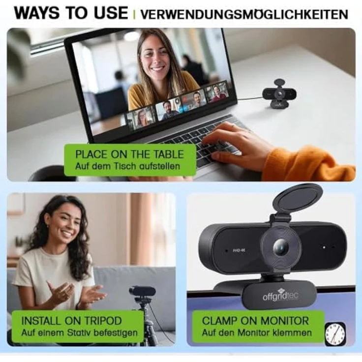 Offgridtec UHD Webcam 4K, Webcam mit Mikrofon, Autofokus & Privacy-Shutter, USB-A/USB-C für PC & Laptop – Bild 6