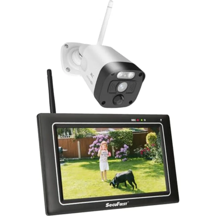 SecuFirst 2K Überwachungskamera Aussen Set mit Innen Monitor, 7 Zoll Touchscreen, AI Bewegungsmelder, 64 GB SD-Karte – Bild 1