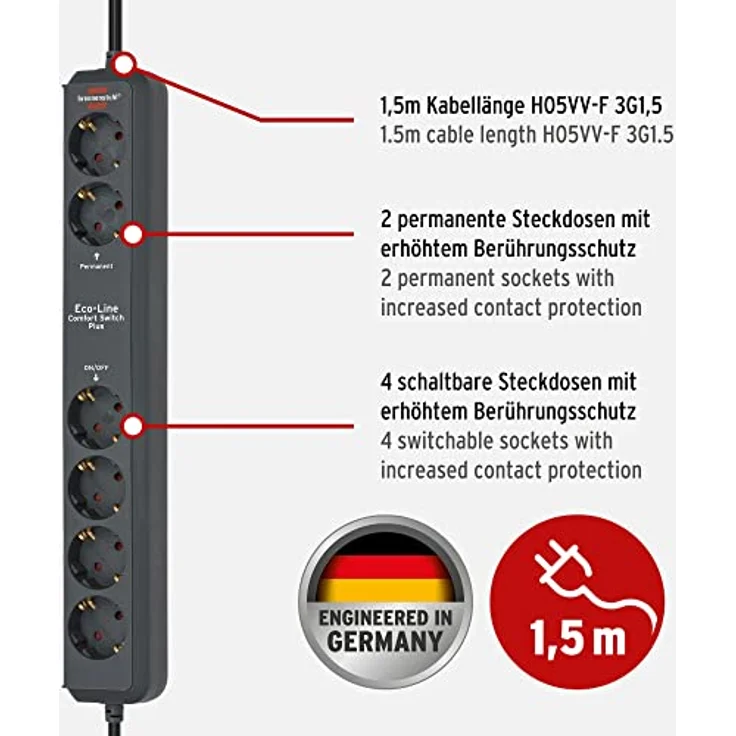 Brennenstuhl Eco-Line Comfort Switch Plus, Steckdosenleiste 6-fach (2 permanente, 4 schaltbare Steckdosen, beleuchteter Fußschalter) anthrazit – Bild 2