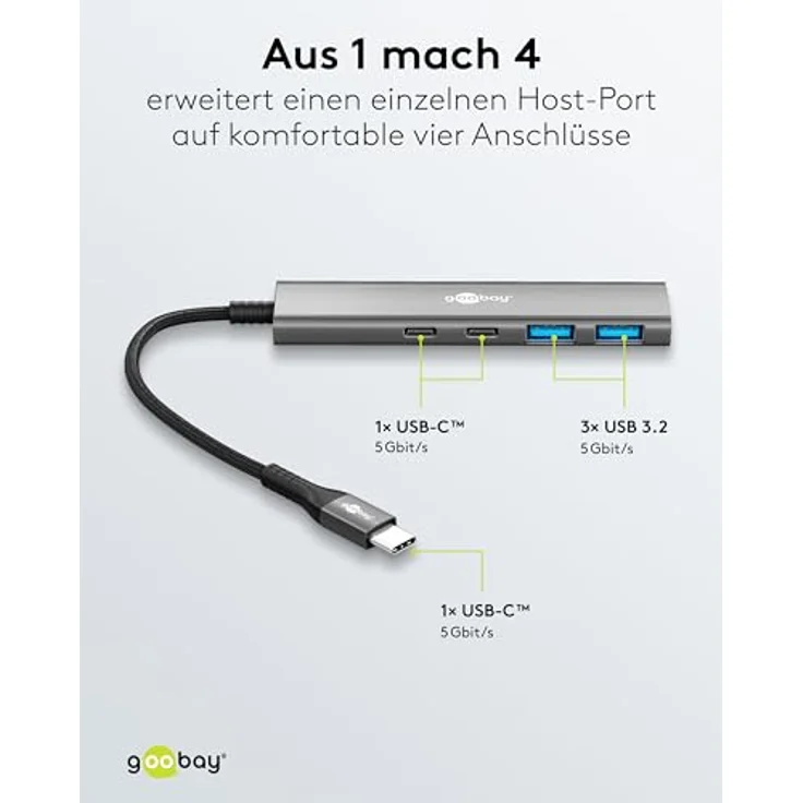 goobay USB-C Hub 76563, 4-Port 3.2 Adapter mit 5Gbit/s, 2x C und 2x A Ports, Slim Aluminium Design für MacBook, Windows, Laptop, Tablet & Smartphone – Bild 3