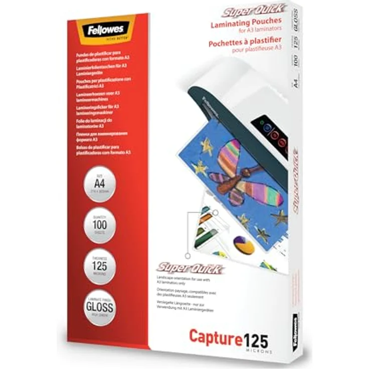 Fellowes Capture125 SuperQuick Laminierfolien glänzend, A4, 125 micron, 100 St. – Bild 1