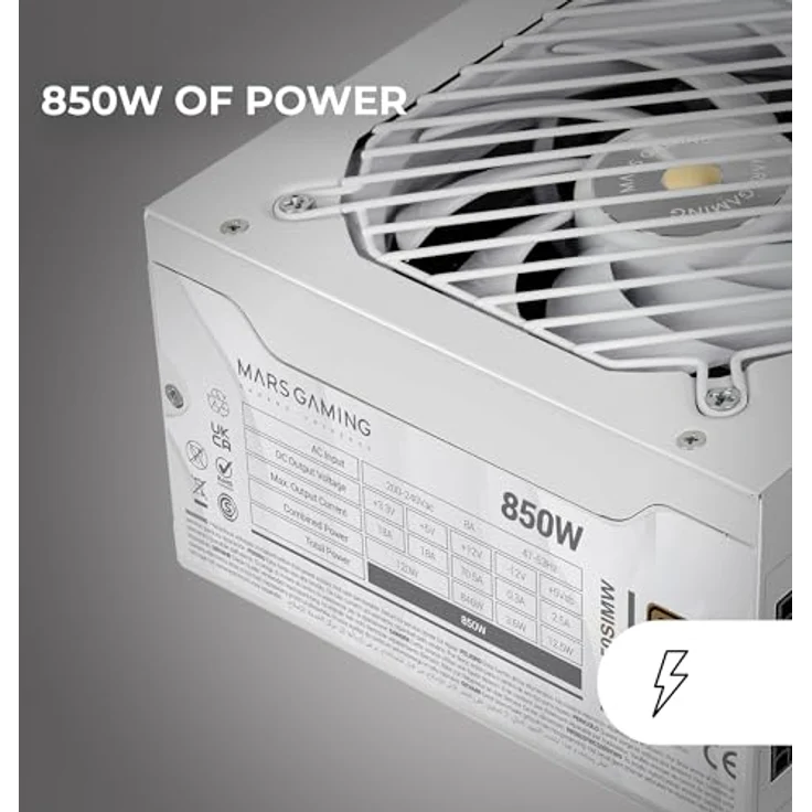 MARS GAMING MPB850SIM, Vollmodulares ATX-Netzteil 850W mit 80Plus Bronze, 7 Jahre Garantie, 90% Effizienz, Weiß, 140mm Silent Lüfter, AI2-RPM, DC-DC und SMD Technologien – Bild 2