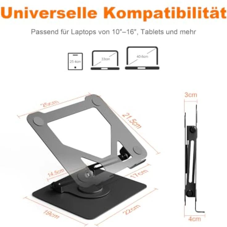 Grifema GB1050 Laptopständer, 360° drehbar, höhenverstellbar, faltbar, Metall, rutschfest, für 11–16 Zoll Laptops – Bild 2