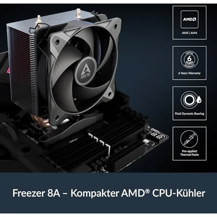 Arctic Freezer 8A CPU-Kühler für AMD AM5/AM4, 100mm PWM-Lüfter mit fluiddynamischem Gleitlager, schwarz – Bild 2