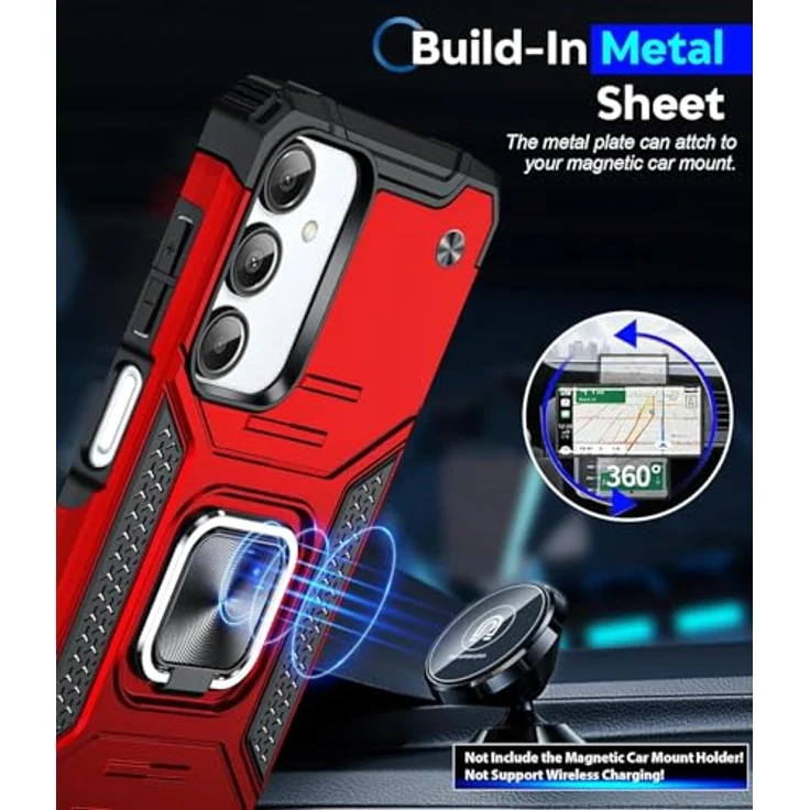 LeYi Handyhülle für Samsung Galaxy A16, Militärischer Ständer mit 360° Metall Ring Halter, inkl. 2 Schutzfolien & 2 Kamerafolien, stoßfestes Hardcase in Rot – Bild 3