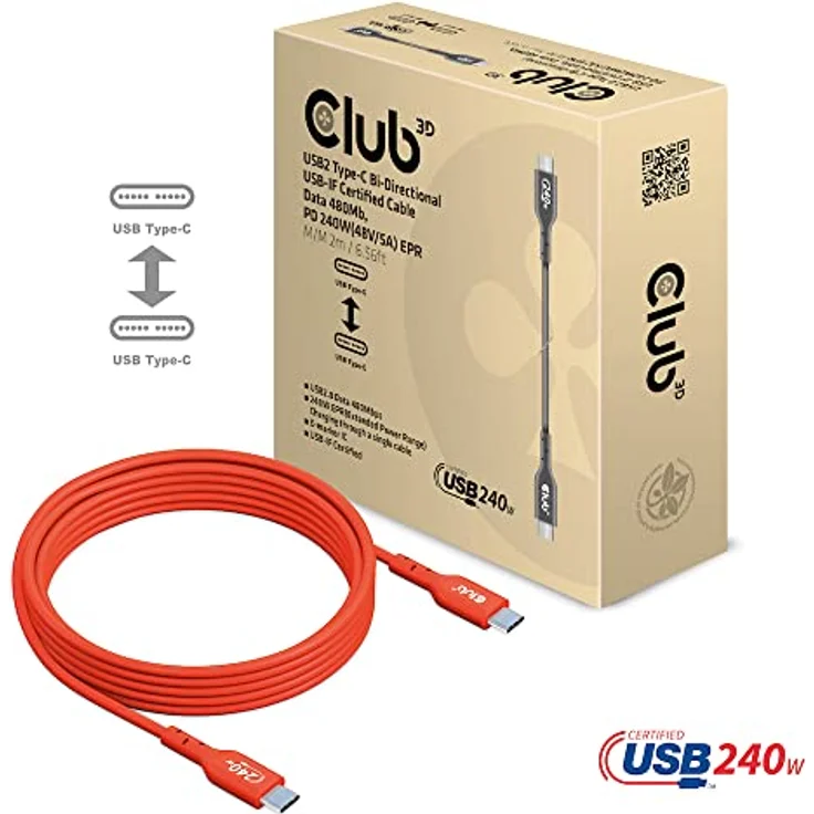 Club 3D USB 2 Typ C Kabel PD 240W, 2m, bi-direktional, 480Mbps, rot – Bild 2