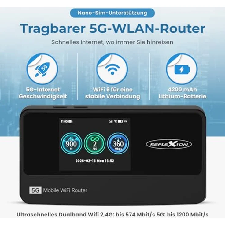 Reflexion 5GCONNECT WLAN Router, mobiler Hotspot mit 4200mAh Akku, WiFi 6, 2,4 Zoll Display, Nano-SIM, bis 16 Geräte, USB-C Anschluss – Bild 2