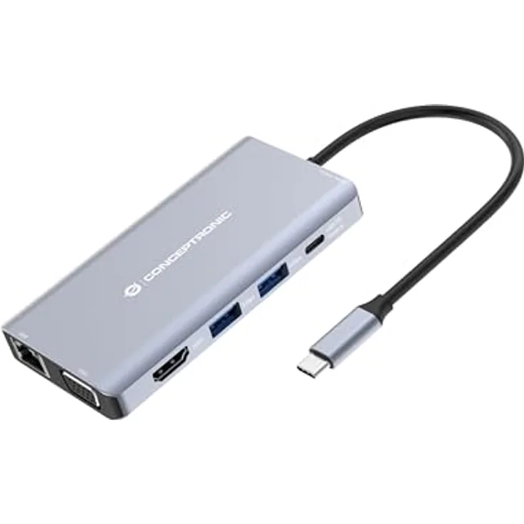 Conceptronic Dock USB-C->HDMI,2xUSB-A,GbE,100WPD,+ 25cm gr, 10-in-1 Multiport Adapter, 4K Unterstützung, Gigabit Ethernet, 100W Power Delivery