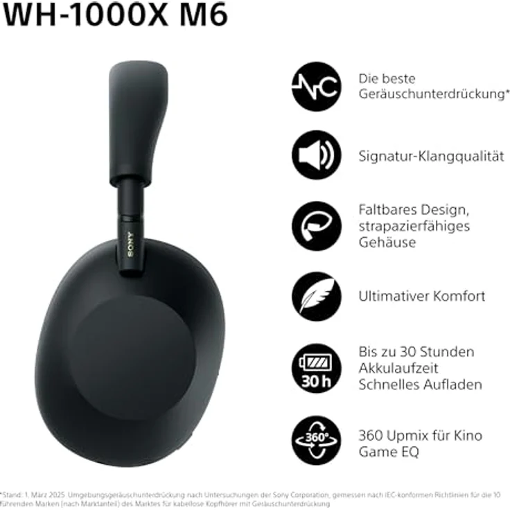 Sony WH-1000XM6, Noise Cancelling Over-Ear Wireless Kopfhörer mit Hi-Res Sound, 30 Std Akku, faltbarem Design - Schwarz – Bild 2