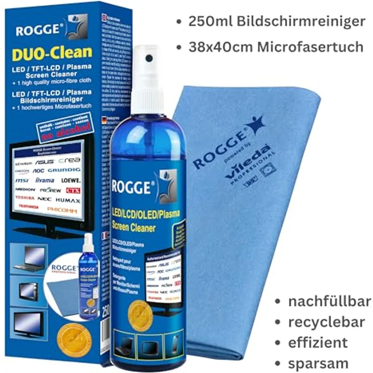 Rogge TFT, Plasma, LED, LCD Bildschirmreiniger 250ml inkl. Reinigungstuch Duo-Clean 10025 1St. – Bild 2