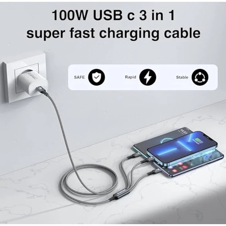 GIANAC 100W USB C auf Multi Kabel [1.2M] 3 in 1 Schnellladekabel mit E-Mark Chip, kompatibel mit iPhone 15, Galaxy S23, MacBook Pro, Micro USB und Lightning Anschlüssen – Bild 2