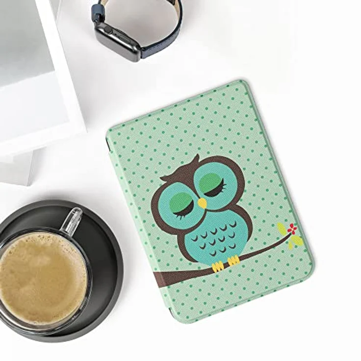 kwmobile Klapphülle kompatibel mit Kobo Clara 2E / Tolino Shine 4 Hülle - eReader Case - Eule Schlaf Türkis Braun Mintgrün – Bild 2
