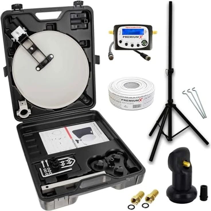PremiumX Camping SAT TV Anlage, Satellitenschüssel mit Single LNB, 10m Kabel, Satellitenfinder und Koffer, wettergeschützt, stabiler Antennenständer mit Saugfuß – Bild 1