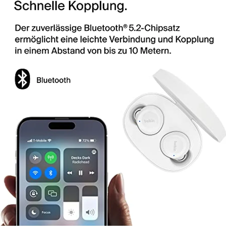 Belkin SoundForm Bolt True Wireless In-Ear-Kopfhörer, kabelloser Kopfhörer mit Mikrofon, Akkulaufzeit bis zu 28 Std., Monomodus, Schweiß- und Spritzwasserschutz der Schutzart IPX4, für iPhone, Galaxy – Bild 3