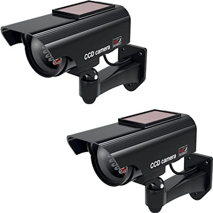 BASI | 2er Set Solar Kamera-Attrappe mit blinkendem LED-Licht | Dummy Kamera | Sicherheitskamera | Überwachungskamera für Innen- und Außenbereich solarbetrieben | Wandhalterung | Solar Panel | CCTV – Bild 1