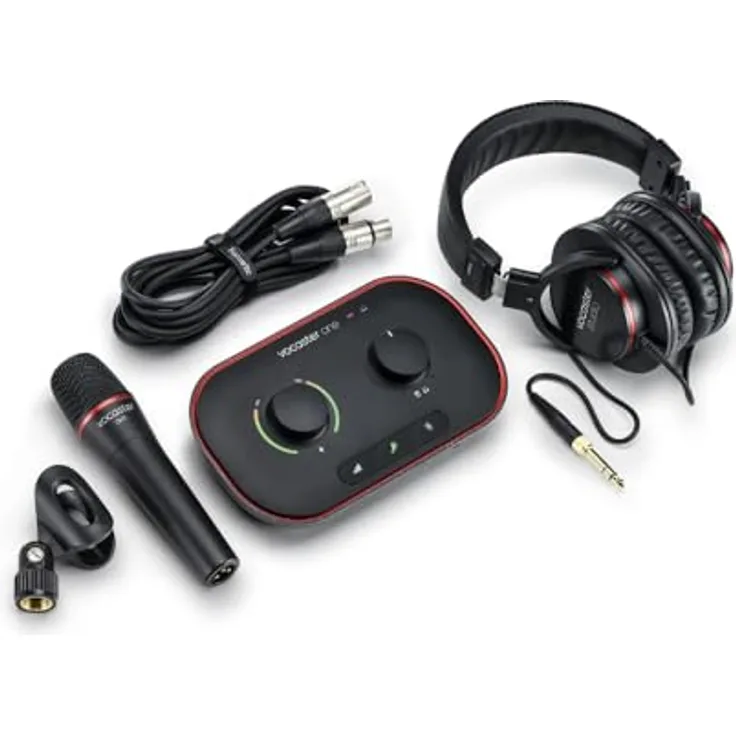 Focusrite Vocaster One Studio, Podcast-Audio-Interface für Solo-Aufnahmen mit Vocaster DM1 Mikrofon und HP60v Studiokopfhörern in Studioqualität