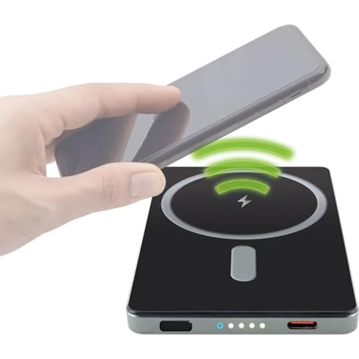 Schwaiger Powerbank LPBC0500, 5.000 mAh, QI-Ladefunktion, MagSafe-kompatibel, Wireless & USB-C, Schwarz – Bild 3
