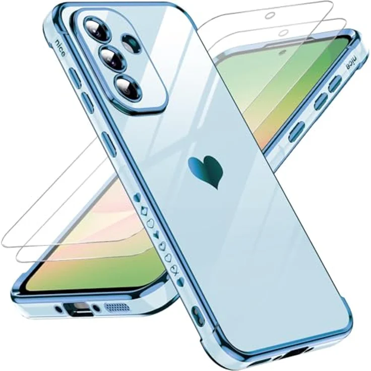 LeYi Handyhülle für Samsung Galaxy A56 5G, Cute Herz Muster TPU Silikon mit 2*Schutzfolie, Stoßfest, Kameraschutz, kratzfest, Blau – Bild 1