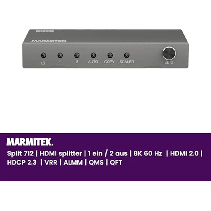 HDMI Splitter 4K120 Gaming - Marmitek Split 712-1 Eingang / 2 Ausgänge - 8K60 - HDMI Verteiler - 48Gbps - HDR 120 Hz - HDMI 2.1 - VRR-ALMM-QMS-QFT - EDID Schalter - Metalles Gehäuse – Bild 2