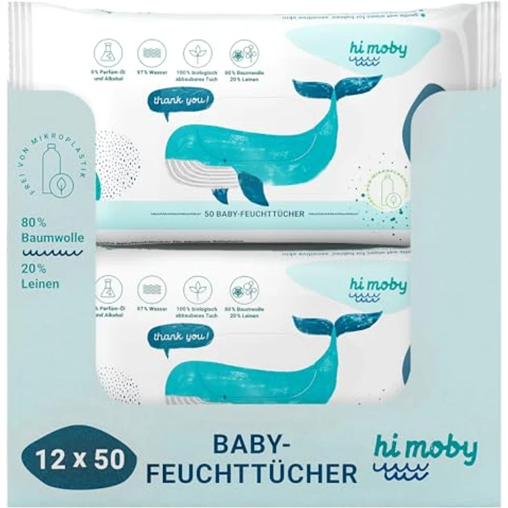 lacely hi moby - Baby Feuchttücher aus Baumwolle und Leinen, mit Bio-Quinoa, ohne Parfüm, ohne Plastik, für empfindliche Babyhaut, biologisch abbaubar - 12er Pack (600 Tücher) – Bild 2