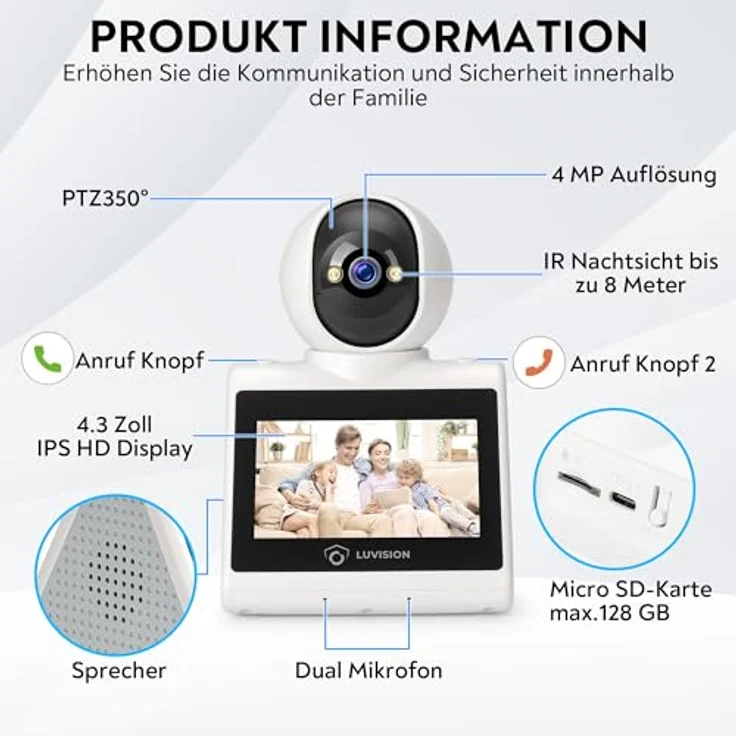 LUVISION WLAN PTZ Überwachungskamera, Auto-Tracking Video-Anrufkamera mit Gegensprechfunktion und 4,3-Zoll Display für Kinder, Senioren und Haustierüberwachung – Bild 3