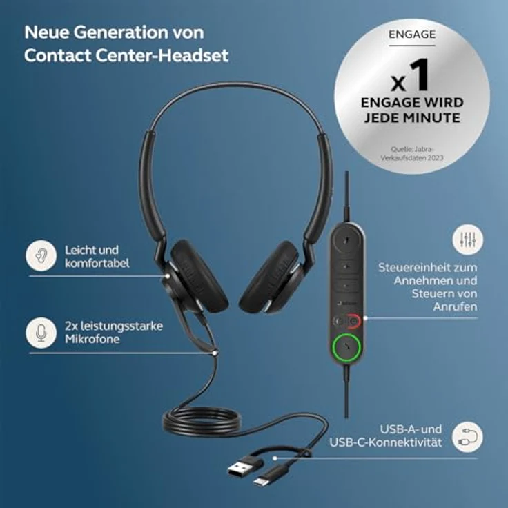 Jabra Engage 40 USB C/A Inline Link UC Stereo, Kabelgebundenes On-Ear Headset mit 2-Mikrofon-System und integrierter Steuereinheit – Bild 2