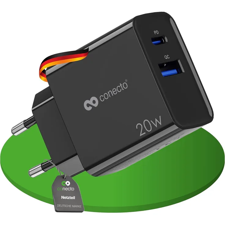 SatChef conecto USB-C Ladegerät, 2 Port mit 20W USB-C und 18W USB-A, GaN Schnellladegerät, automatische Ladestromerkennung, schwarz