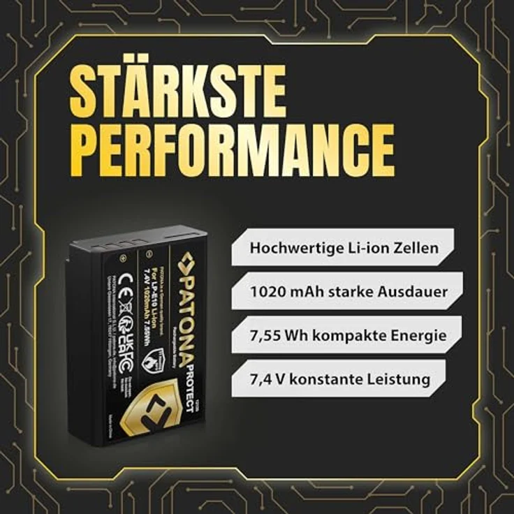PATONA LP-E10 Protect Akku 1020mAh, kompatibel mit Canon EOS 1100D, 1200D, 1300D, 2000D, 4000D, feuerhemmendes Gehäuse und optimale Temperatursteuerung – Bild 5