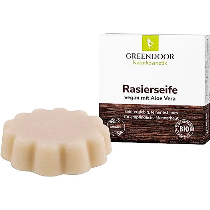 GREENDOOR VEGANE Rasierseife Aloe Vera 80g, cremiger beständiger Schaum, optimale Rasur, Naturkosmetik mit Bio Sheabutter für Herren und Damen, Seife mit extra Pflege, Männer – Bild 1
