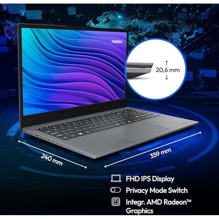 MEDION Avantum 15 E1 39,6 cm (15,6 Zoll) Full HD Laptop in schwarz - AMD Ryzen 5 7430U, 16GB DDR5 RAM, 1TB SSD, Radeon Grafik, Windows 11 Home – Bild 2