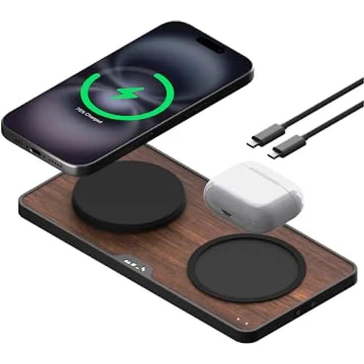 Mous Dual-Ladestation, Qi2 bis 15 W Schnellladung, MagSafe-kompatibles Ladegerät, USB-C-Kabel, Walnuss – Bild 1