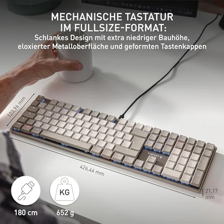 CHERRY KC 500 MX LP, Mechanische Low-Profile-Tastatur, Deutsches Layout (QWERTZ), Kabelgebunden (USB-A), Weiße Beleuchtung, MX LP 2.0 Ivory Switches, Grau – Bild 2