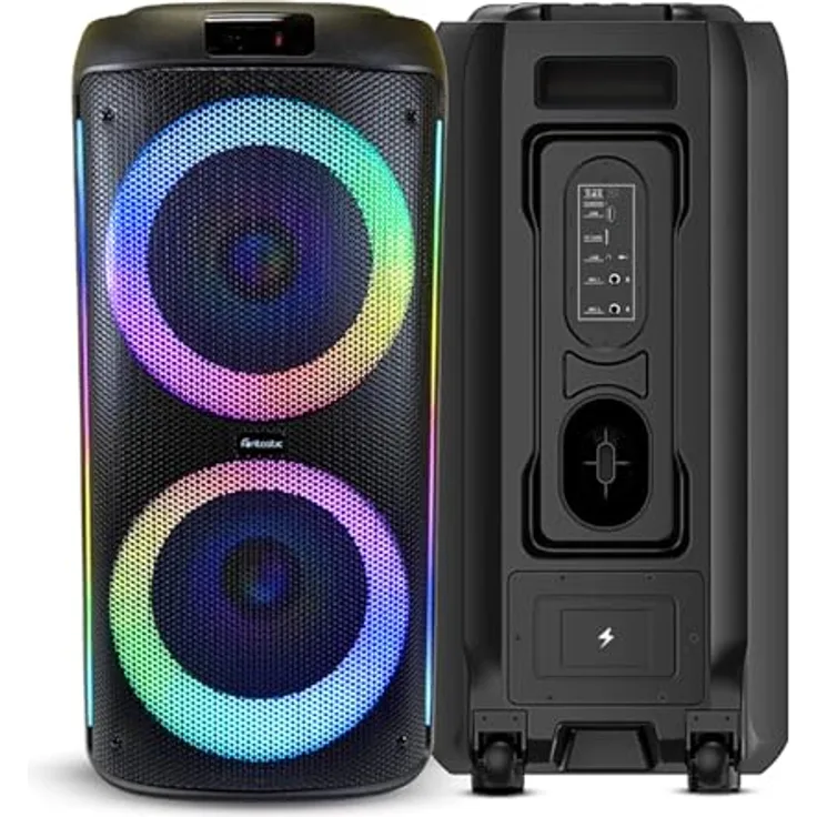 Fontastic Party Lautsprecher Zeal 1000, Bluetooth Lautsprecher mit USB-Wiedergabe, AUX, MicroSD und LED Effekten, Karaoke Box mit 2 Mikrofonen, Schwarz