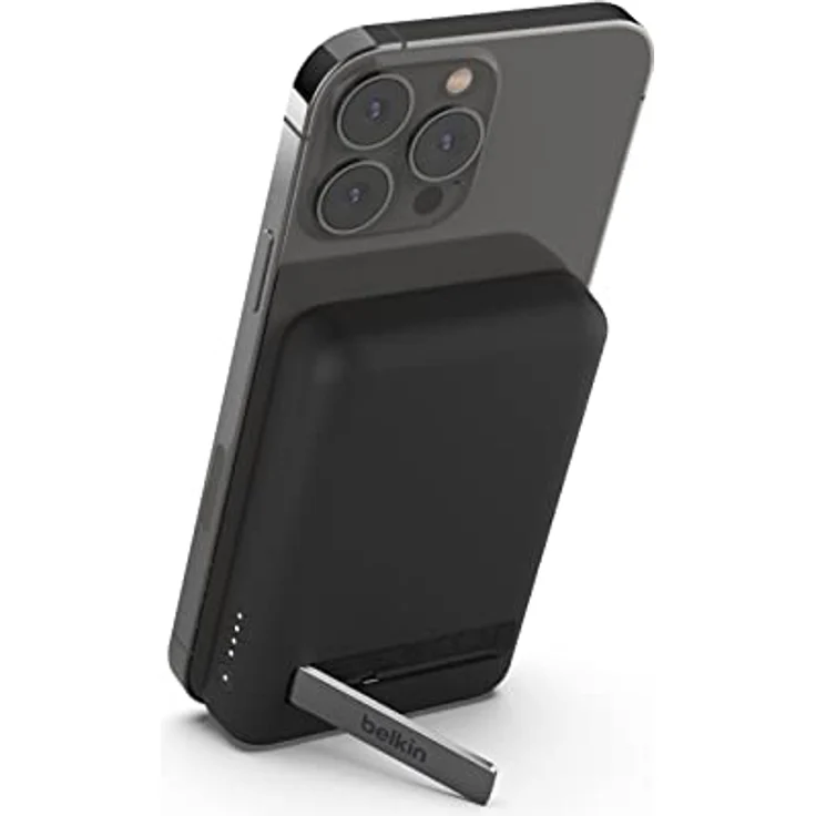 Belkin magnetische 5000-mAh-Powerbank, externer Handy-Akku, kompatibel mit MagSafe, mit Passthrough-Ladefunktion und Ständer, 7,5 W Ausgang, 10 W Eingang, kompatibel mit iPhone 15, 14, 13 – Schwarz – Bild 1
